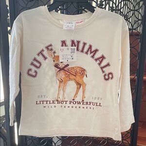 Zara Kids Cream Long-Sleeve Tee with Deer Graphic and Burgundy Text